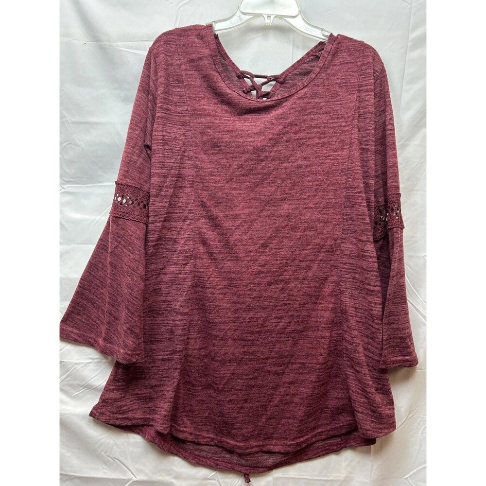WinWin Womens L XL Burgundy Tunic Top Crochet Lace Bell Sleeve Cross Back Boho